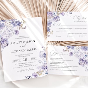 Conjunto de invitaciones de boda con flores violetas Conjunto de invitaciones de boda con flores silvestres violetas bohemias Conjunto de invitaciones de boda con flores violetas Detalles Tarjeta RSVP 1601
