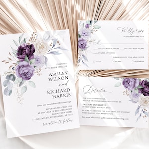 Ensemble de faire-part de mariage floral violet Faire-part de mariage lilas Détails floraux lavande sur le mariage Carte RSVP Lot de mariage fleurs violettes 1101