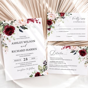 Conjunto de invitación de boda en color burdeos y rosa ruborizado Invitación de boda en color Marsala Detalles de boda con flores en color burdeos Tarjeta RSVP Paquete de boda en color burdeos 0501