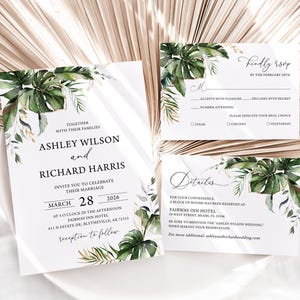 Tropische bruiloft uitnodigingsset Monstera palmblad bruiloft uitnodiging tropisch gebladerte bruiloft details RSVP-kaarten tropisch blad bruiloft 1801