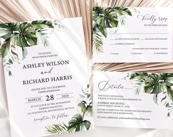 Może przedstawiać: Zestaw zaproszeń ślubnych w tropikalnym stylu z zielonymi i złotymi liśćmi. Karta zaproszenia zawiera tekst "Ashley Wilson i Richard Harris" z datą "March 28, 2026". Karta RSVP zawiera sekcję, w której goście mogą wskazać swój wybór posiłku.