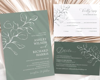 May include: Green and white wedding invitation suite with a leafy design. The invitation card reads "Together with their families Ashley Wilson and Richard Harris invite you to celebrate their marriage Saturday, March 28, 2016 at 4 o'clock in the afternoon Fairway Inn Motel 621 N Estate Dr, Blytheville, AR 72315 reception to follow". The RSVP card reads "Kindly RSVP by the February 15th Accepts with pleasure Declines with regret Number attending Please indicate your meal choice Steak Chicken Vegetarian". The details card reads "For your convenience, a block of rooms has been reserved at Fairway Inn Hotel 20 West Street, Miami, FL 33136 Be sure to mention the Ashley Wilson wedding when making your reservation For more additional ashleyandrichandwedding.com"