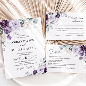 Ensemble de faire-part de mariage floral violet Faire-part de mariage lilas Détails floraux lavande sur le mariage Carte RSVP Lot de mariage fleurs violettes 1201