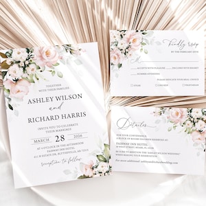 Conjunto de convites de casamento rosa blush, convites de casamento com flores rosa, detalhes florais rosa blush, cartões RSVP, pacote de casamento com rosas rosa 0701