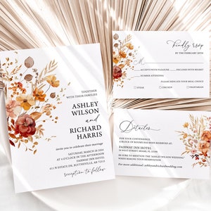 Ensemble de faire-part de mariage floral automne faire-part de mariage en terre cuite Détails du mariage d'automne Cartes RSVP Lot mariage automne fleurs sauvages automne 0901