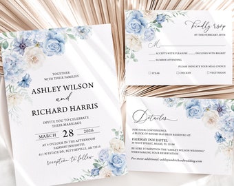 Dusty Blue Floral Wedding Invitation Set: Editable RSVP (Digital Download)