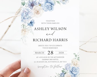 Dusty Blue Floral Wedding Invitation: Elegant Editable Design