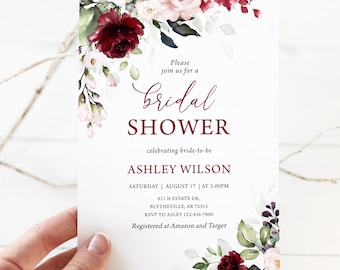 Blush Pink Floral Bridal Shower Invitation: Burgundy Marsala (Editable Template) 0501