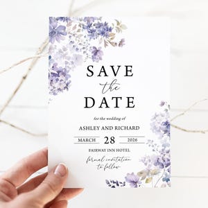Fioletowe kwiatowe ślubne karty Save The Date Boho fioletowe dzikie kwiaty Save The Date Card Wild Violet Flowers Save The Date Card Template 1601
