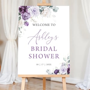 Purple Floral Bridal Shower Welcome Sign Template Lilac Flowers Shower Welcome Poster Editable Lavender Floral Bridal Shower Board 1201