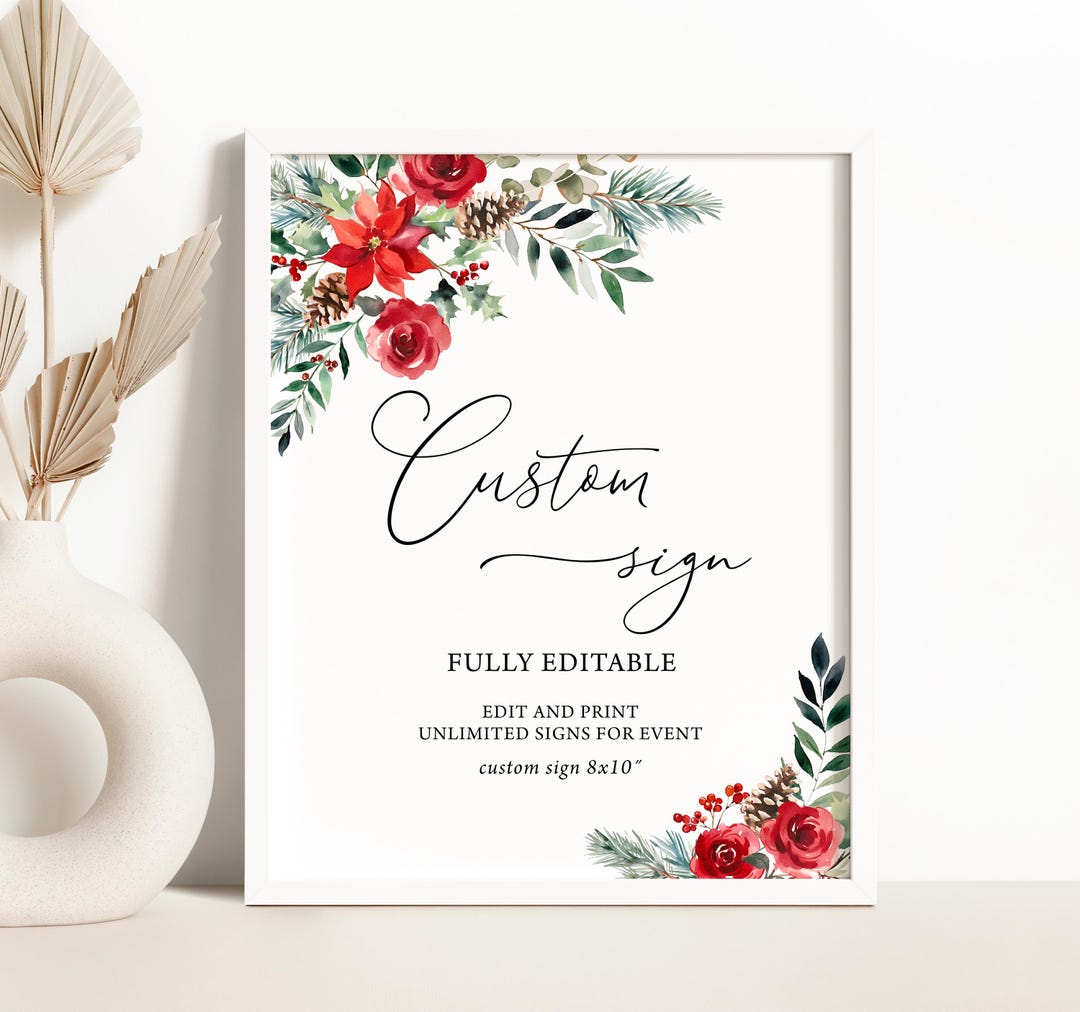 Winter Floral Wedding Custom Sign Template Christmas Wedding Table ...