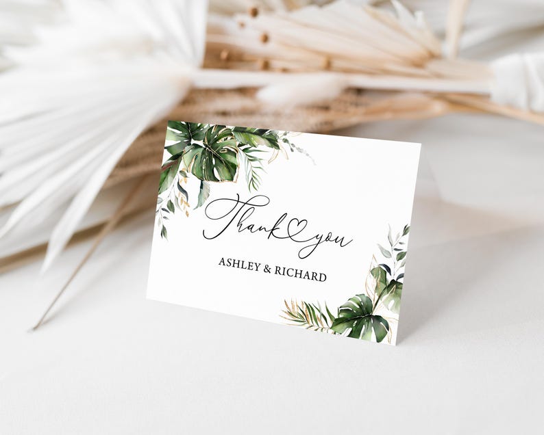Tropical Wedding Thank You Card Template: Monstera Palm (digital ...