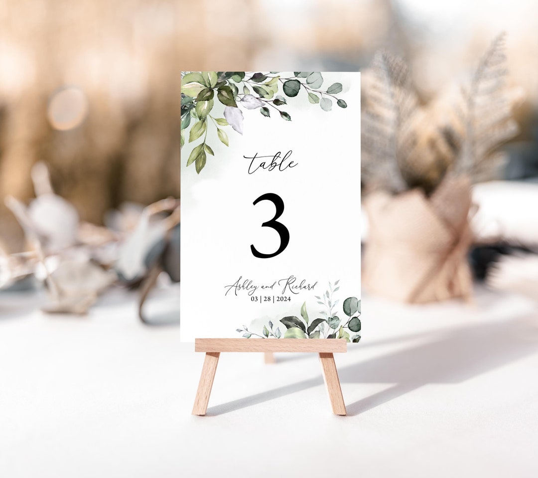 Eucalyptus Wedding Table Numbers: Sage Greenery Card Template (digital ...