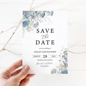 Cartes "Retenez cette date" pour mariage, fleurs bleu clair, fleurs bleu clair, "retenez cette date" modèle 1701