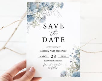 Dusty Blue Floral Wedding Save The Date Card Template