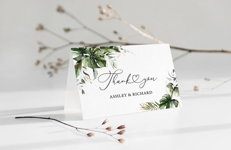 Tropical Wedding Thank You Card Template: Monstera Palm (digital ...