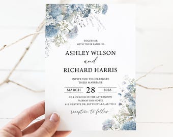 Dusty Blue Floral Wedding Invitation: Editable Boho Garden Design