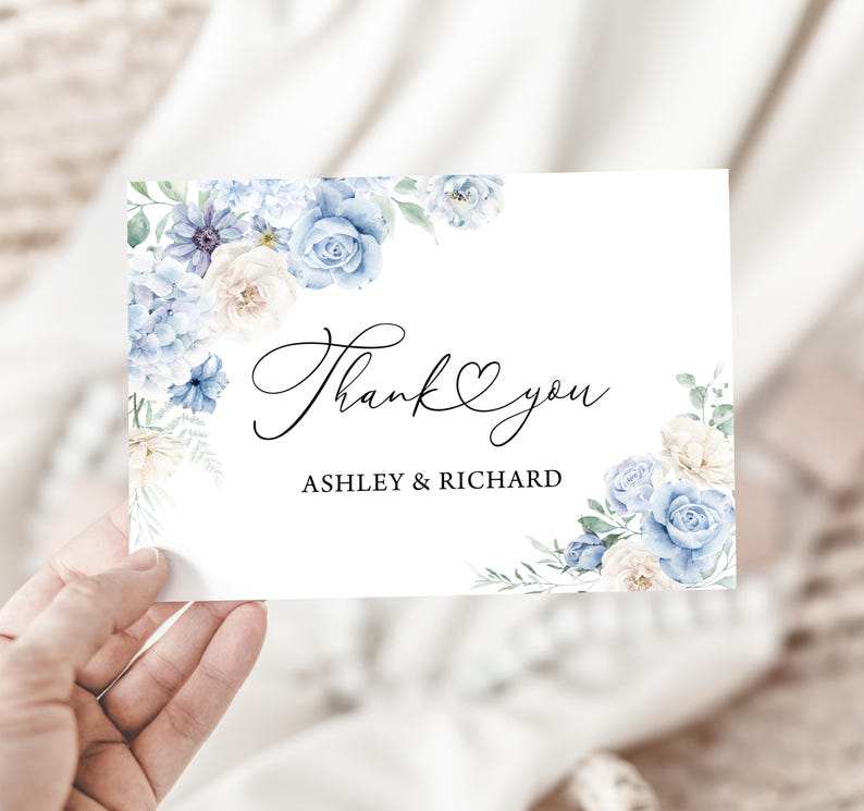 Dusty Blue Floral Wedding Thank You Card (digital Download) - Etsy