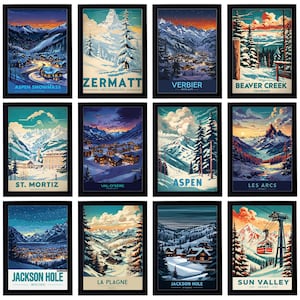 Può includere: Una collezione di poster da viaggio incorniciati con scene invernali di località sciistiche. Ogni poster mostra una località diversa, tra cui Aspen Snowmass, Zermatt, Verbier e Beaver Creek, con testo identificativo.