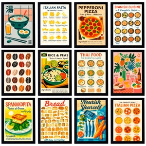 Op de afbeelding: Een verzameling ingelijste kunstprints met een voedselthema. De prints tonen verschillende keukens, waaronder Italiaanse pasta, pepperoni pizza, Spaanse gerechten, rijst en erwten, Thais eten en Italiaanse pizza. Elke print heeft een zwarte lijst en kleurrijke illustraties.