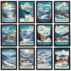 Può includere: Una collezione di stampe artistiche incorniciate con illustrazioni in stile vintage di varie località sciistiche. Ogni stampa mostra un paesaggio montano innevato con testo che indica la località, come "Courchevel" e "Vail", creando un tema coerente.