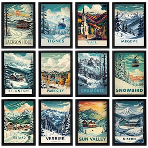 Può includere: Una collezione di dodici stampe artistiche incorniciate con illustrazioni in stile vintage di destinazioni sciistiche. Ogni stampa mostra un paesaggio montano innevato con testo che identifica la località, come Jackson Hole, Tignes e Vail.