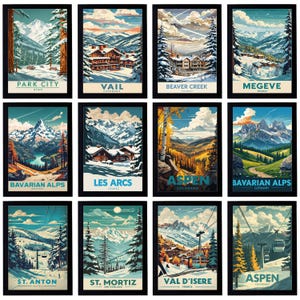 Può includere: Una collezione di stampe artistiche incorniciate con paesaggi montani panoramici. Ogni stampa mostra una diversa stazione sciistica, tra cui Park City, Vail, Beaver Creek e Aspen, con etichette di testo. L'opera d'arte utilizza uno stile vintage da manifesto di viaggio.