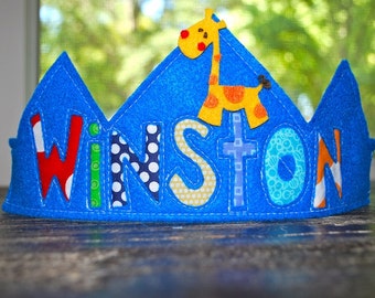 Custom felt and  Fabric Happy Birthday Crown  Animal Zoo