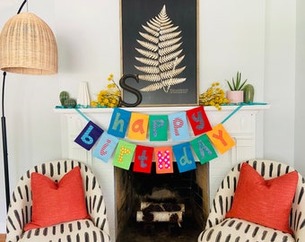 Custom felt and fabric Happy Birthday banner Teal Double