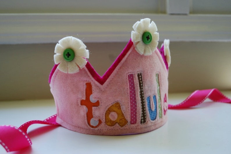 Custom felt and fabric Happy Birthday Crown Double Layer with flowers image 2