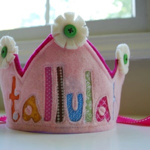 Custom felt and fabric Happy Birthday Crown Double Layer with flowers image 3