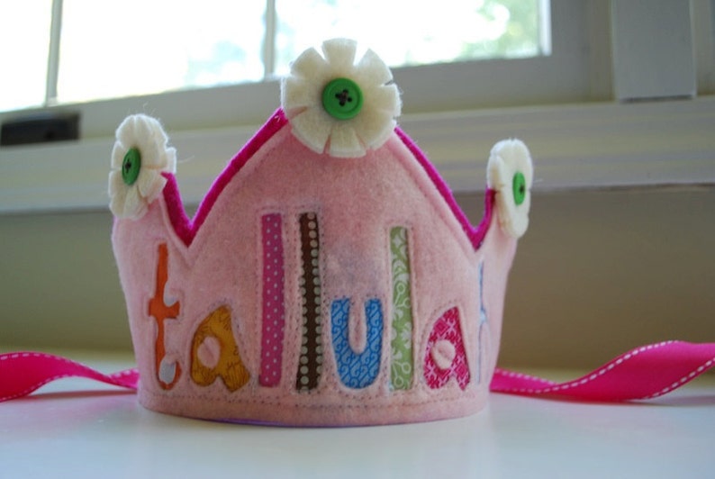 Custom felt and fabric Happy Birthday Crown Double Layer with flowers image 3