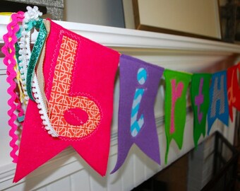 Custom felt and fabric Happy Birthday Banner fancy double