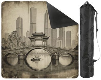 Vintage Asian Landscape Mahjong Mat & Tote Bag Set – Sepia Pagoda Bridge Oriental Art Night