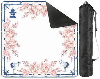 Chinoiserie Mahjong Mat & Tote Bag Set: Navy Peony Crane Pagoda Game Night Accessory