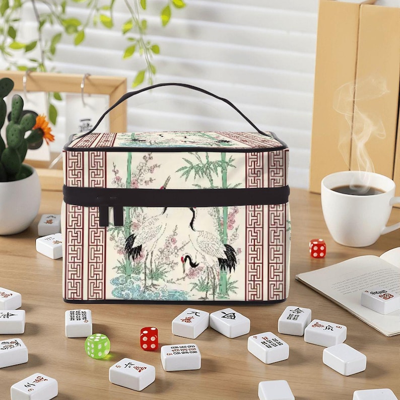 mahjong mat, mahjongg mat, mah jongg gift, crane mahjong, cherry blossom mat, mahjong accessory, asian game mat, mahjong table mat, non slip game mat, japanese crane mat, mahjong gift, bamboo crane mat, game night gift