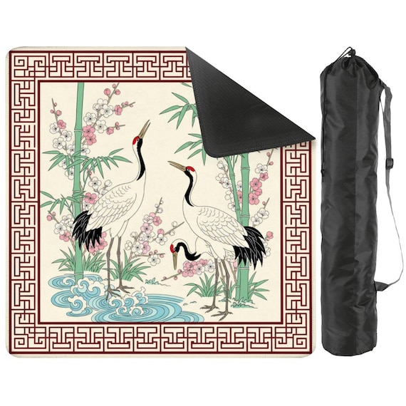Crane Mahjong Playing Mat with Storage Bag, Cherry Blossom Bamboo Chinoiserie Mahjong Table Mat, Asian Floral Game Night Tile Game Gift