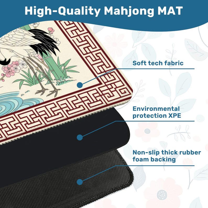 mahjong mat, mahjongg mat, mah jongg gift, crane mahjong, cherry blossom mat, mahjong accessory, asian game mat, mahjong table mat, non slip game mat, japanese crane mat, mahjong gift, bamboo crane mat, game night gift