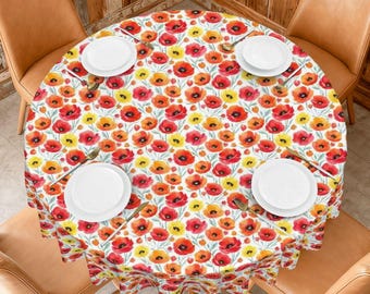 Round Poppy Floral Tablecloth | Watercolor Red Orange Flowers, Polyester Cover