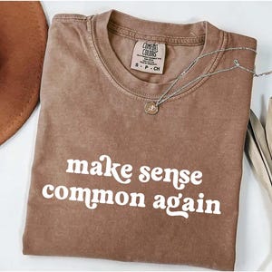 Può includere: Una maglietta marrone con la scritta bianca "make sense common again". Una collana d'argento con un piccolo ciondolo è appoggiata sulla maglietta. Un cappello marrone e una pianta secca sono sullo sfondo.