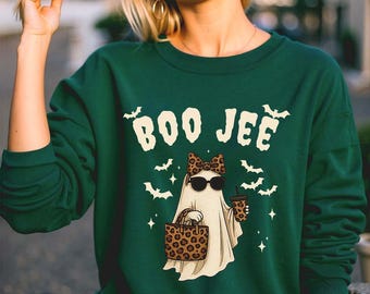 Bluza z nadrukiem ducha Boo Jee, dziewczęcy, okrągły dekolt na Halloween