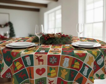Retro Christmas Patchwork Tablecloth, Vintage Holiday Tile Design, Round Festive Dining Cover