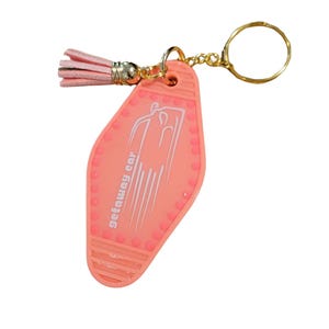 Getaway Car Motel Keychain: Coral Pink Rhinestone Tassel, Swiftie Gift image 1