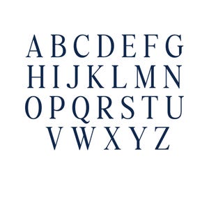Op de afbeelding: Een verzameling van de zesentwintig letters van het alfabet, weergegeven in hoofdletters met een schreeflettertype. Elke letter is uitgevoerd in donkerblauw op een effen witte achtergrond, gerangschikt in vier rijen.