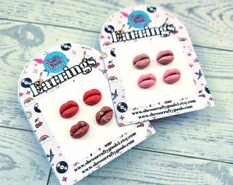 Tiny Lip Stud Earrings, Matte Glitter Polymer Clay, Hypoallergenic Minimalist Feminist Jewelry