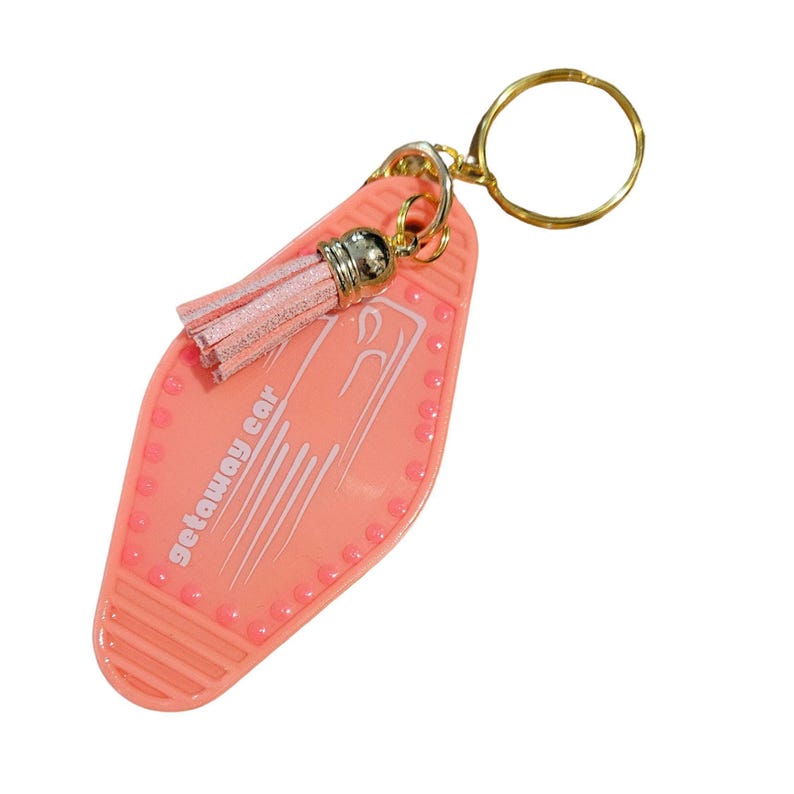 Getaway Car Motel Keychain: Coral Pink Rhinestone Tassel, Swiftie Gift image 4