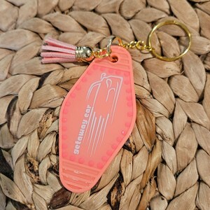 Getaway Car Motel Keychain: Coral Pink Rhinestone Tassel, Swiftie Gift image 2