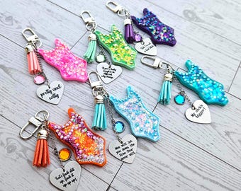 Custom Showgirl Eras Bodysuit Keychain – Personalized Glitter Resin Bag Charm with Engraved Quote