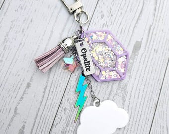 Opalite tashanger | Glow-in-the-dark bliksem sleutelhanger | Op maat gegraveerde hars hanger