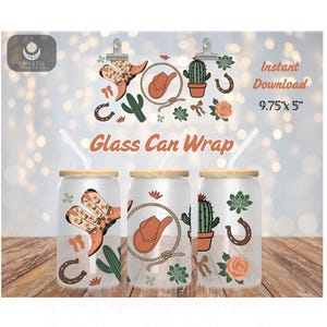 Boho Cowgirl Coquette Bows Glass Can Wrap, 16oz Libby Can Wrap, PNG, Western Chic Design, UVDTF Transparent Printed Vinyl, Sublimation
